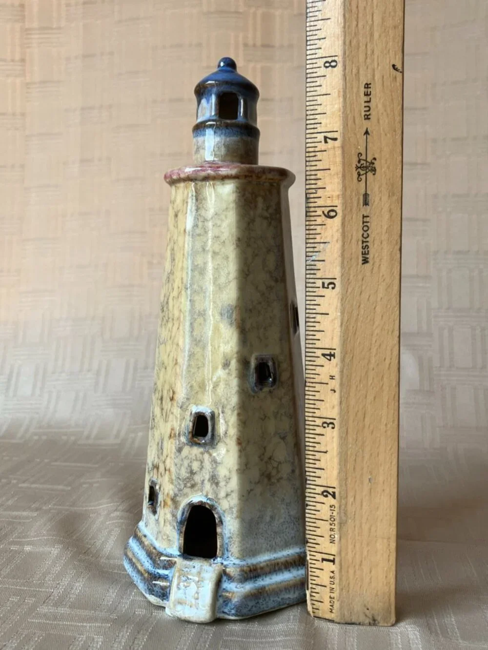 Ceramic Lighthouse Tealight Candle Holder 8 in Tall in Speckled Tan & Blue Hues